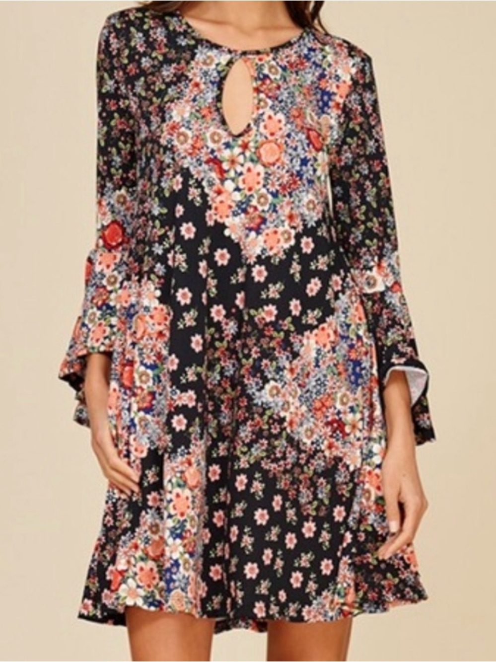 Annabelle Black Floral Mini Dress Bell Sleeves Keyhole Neck Boho Cottagecore S